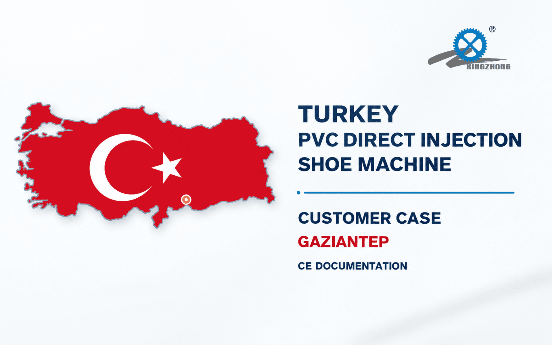 Turkey map highlighting Gaziantep for a Xingzhong PVC direct injection shoe machine customer case and CE documentation.