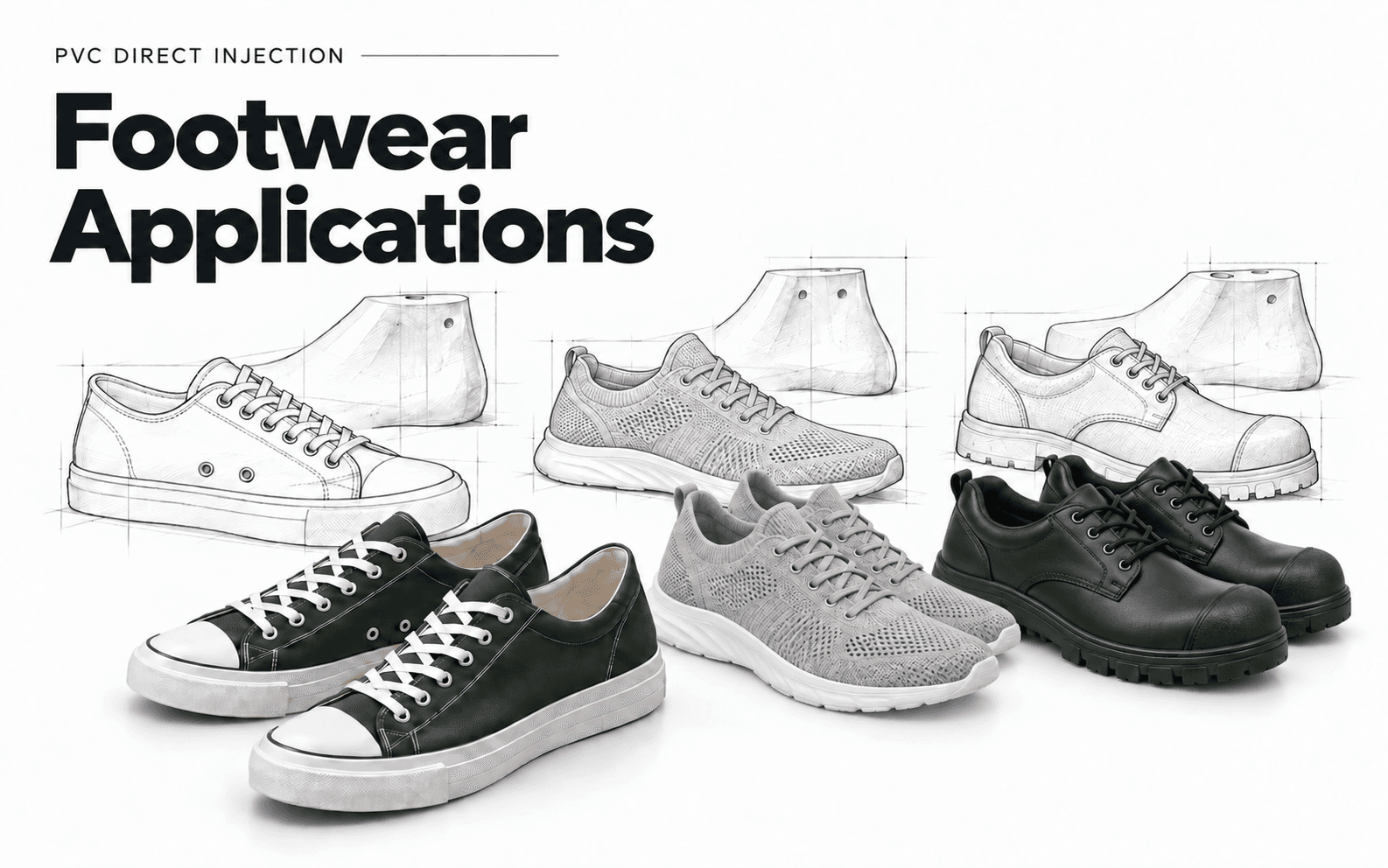Illustration of canvas shoes, knit sneakers and black work shoes with shoe lasts for PVC direct injection applications.
