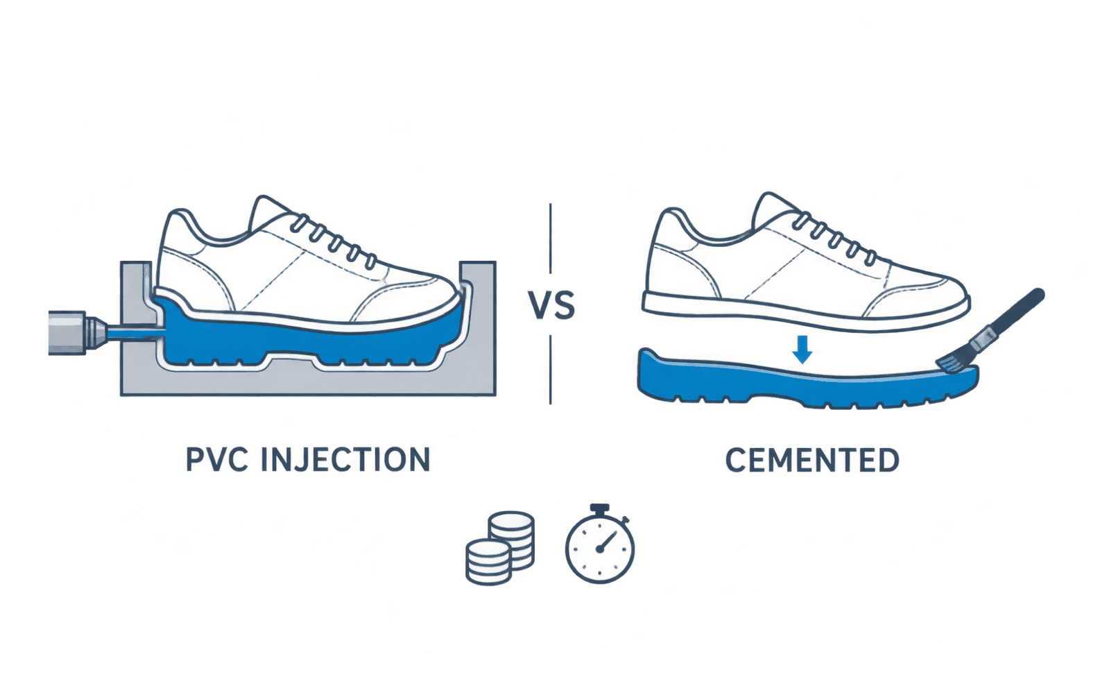 Icons comparing PVC sole injection onto a shoe upper with adhesive sole attachment, accompanied by cost and time symbols.