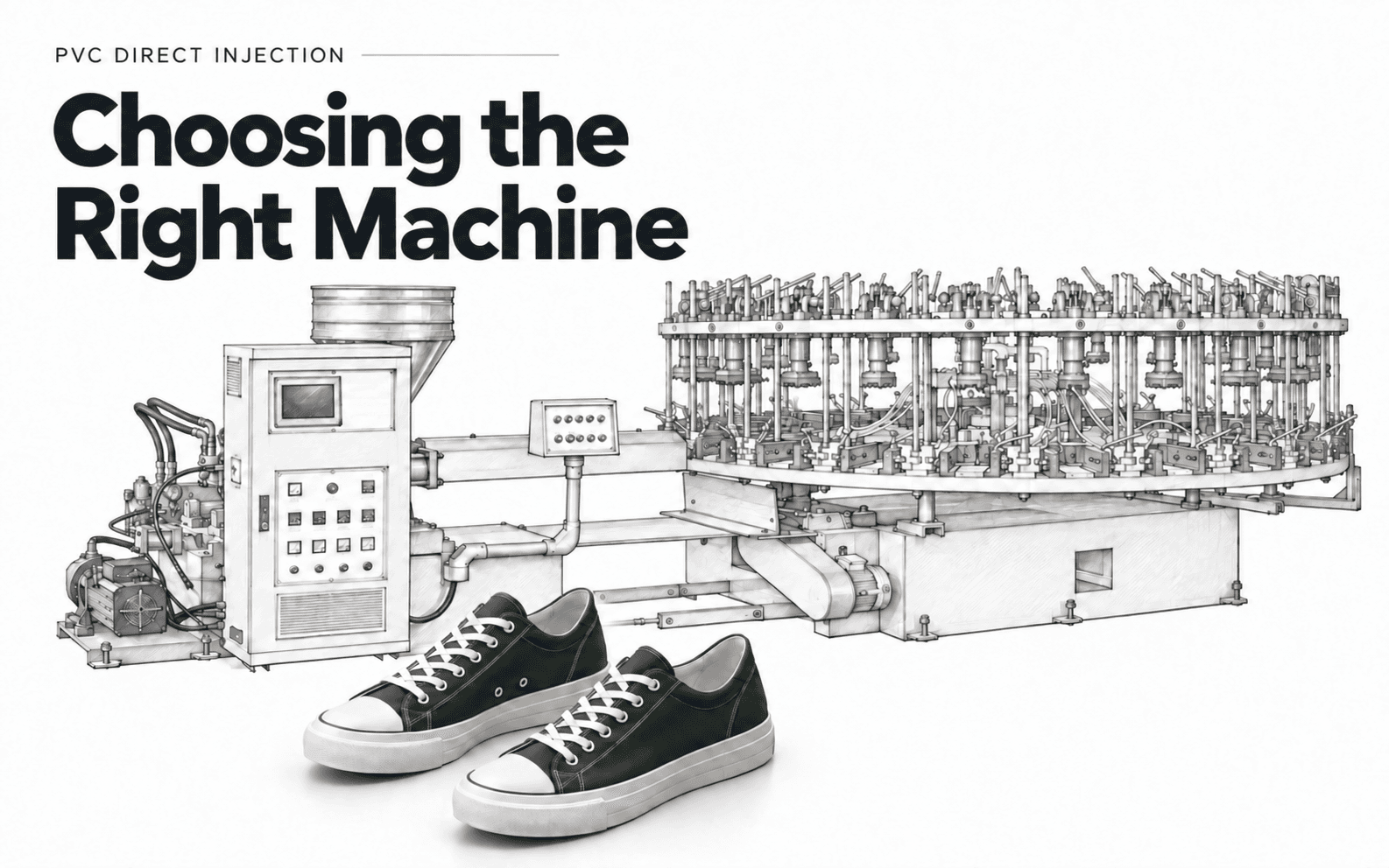 Illustration of a rotary PVC direct injection shoe machine with canvas shoes and the heading Choosing the Right Machine