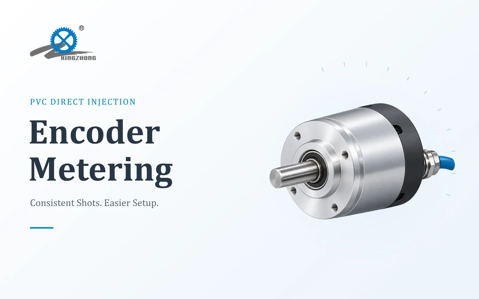 Rotary encoder illustration for material metering in PVC direct injection shoe molding.