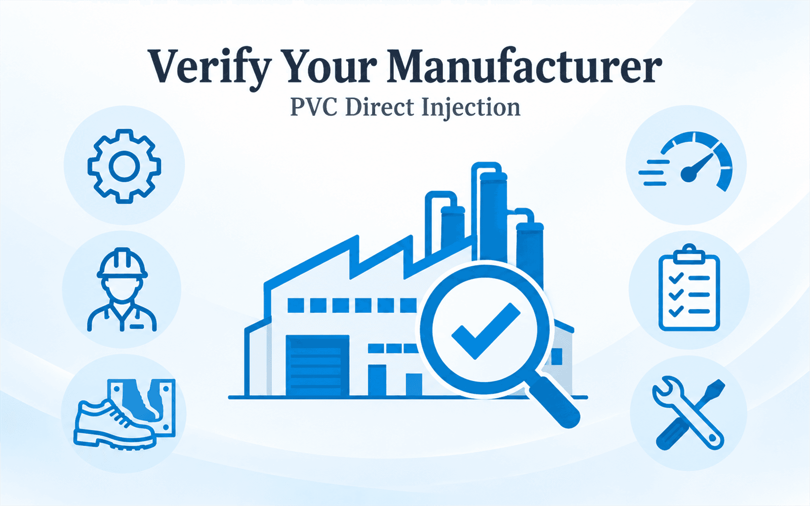Blue factory, magnifying glass and checkmark surrounded by icons representing seven shoe machine manufacturer verification checks