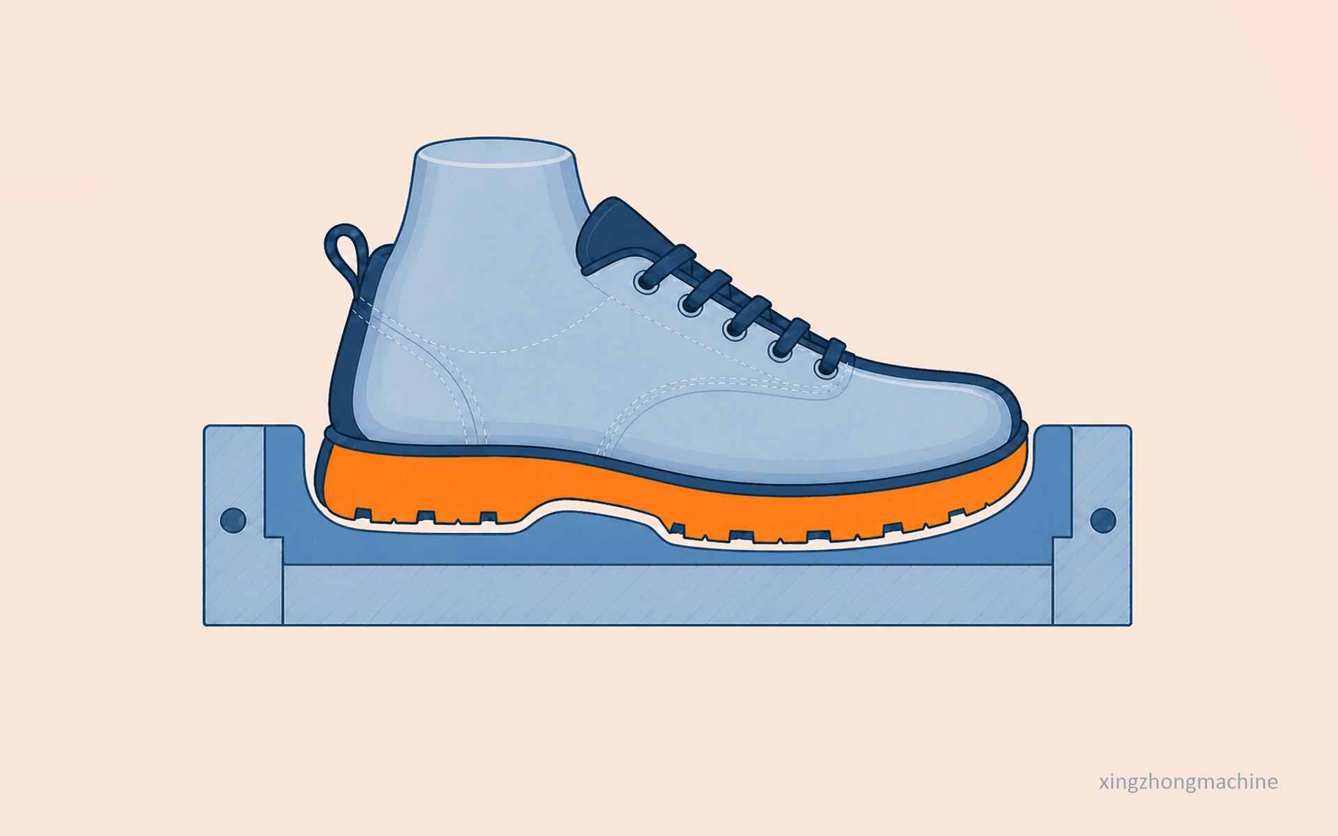 Illustration of a lasted shoe upper in a mold during the direct injection sole molding process