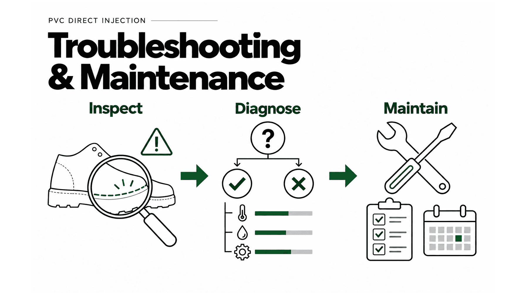 PVC direct injection troubleshooting illustration showing shoe inspection, process diagnosis and maintenance.