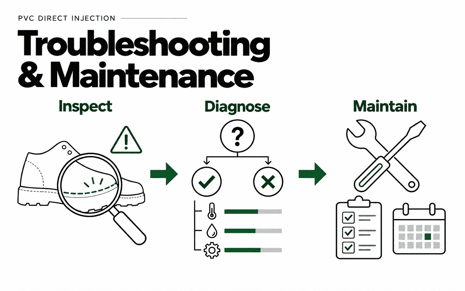 PVC direct injection troubleshooting diagram showing shoe inspection, diagnostic checks, and maintenance tools.