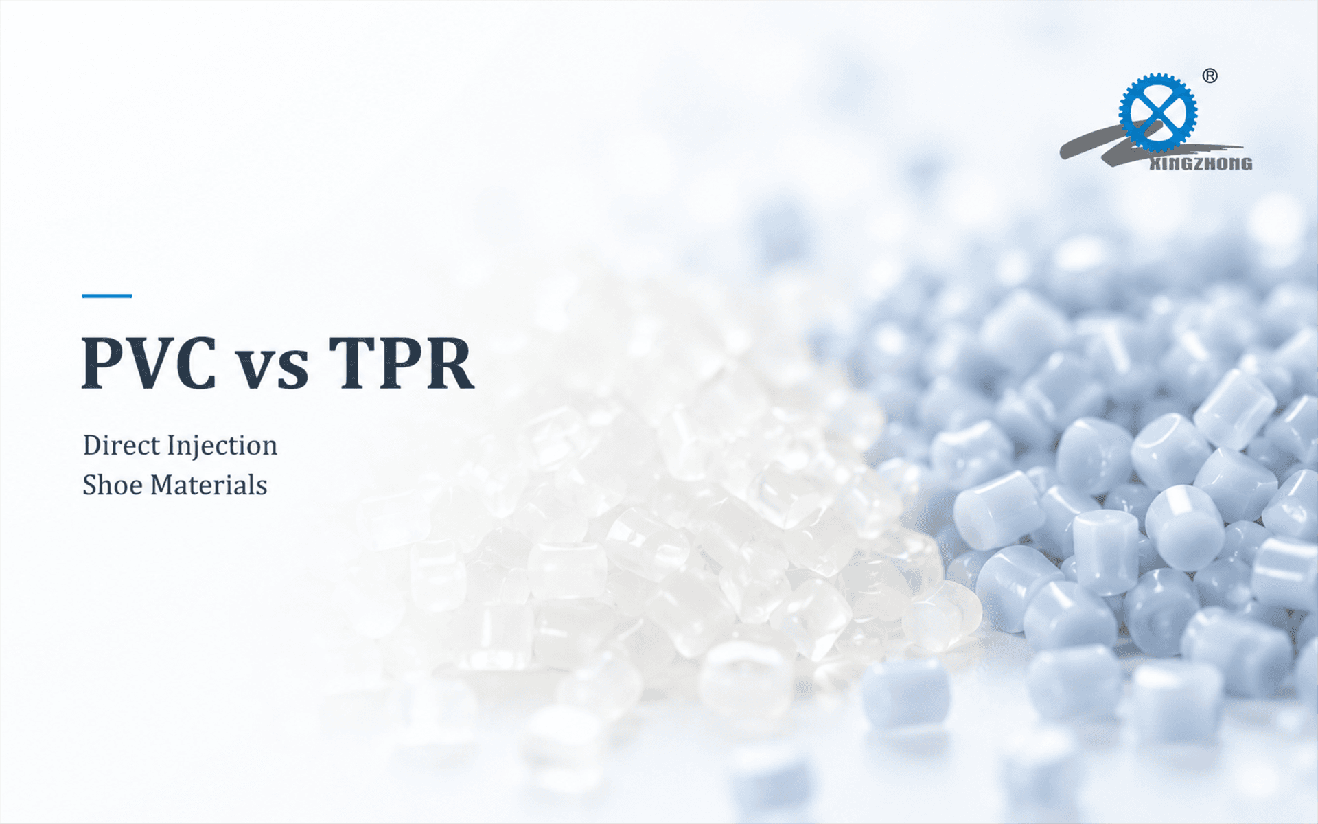 PVC vs TPR guide with softly faded polymer pellets and the Xingzhong logo.