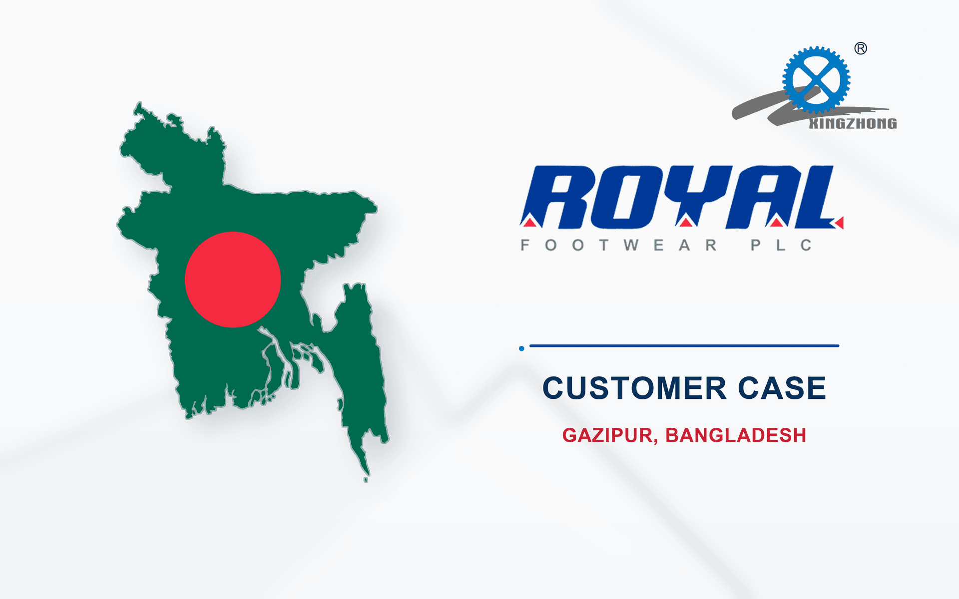 Royal Footwear customer case cover featuring a Bangladesh map, the Royal Footwear logo, and Xingzhong branding